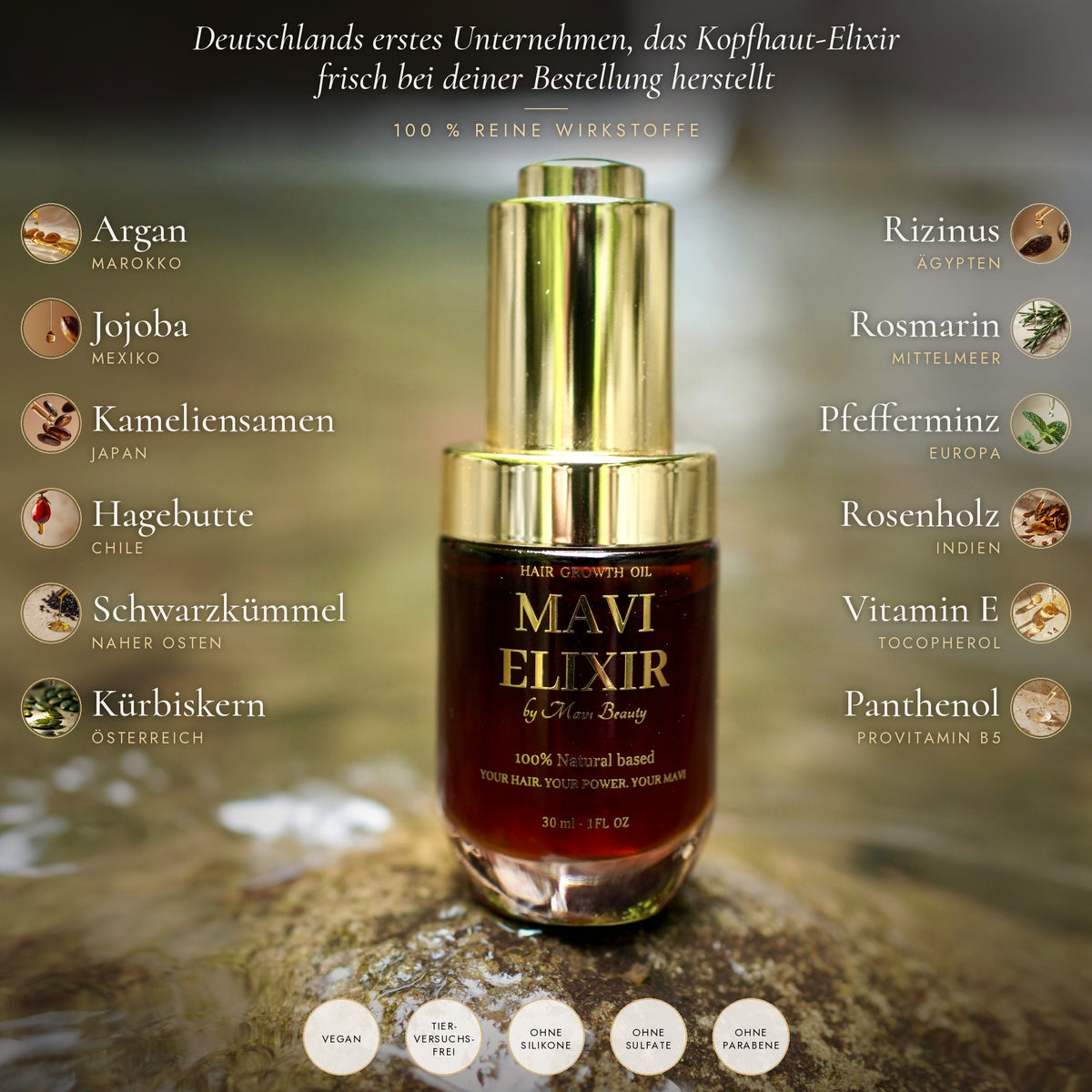 MAVI ELIXIR – 12 reine Wirkstoffe: 10 Bio-Öle mit Vitamin E und Provitamin B5, frisch bei Bestellung hergestellt